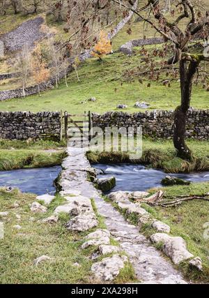 Une passerelle en pierre sur un ruisseau avec des rochers à proximité Banque D'Images