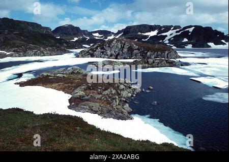 Vue sur l'anse couverte de glace, prise en 1993, Strandal, Hjørundfjord, Norvège Banque D'Images