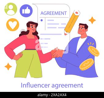 Concept de marketing d'influence. Un créateur de contenu et un représentant de marque scellent un partenariat, indicatif de collaborations sur les médias sociaux. Illustration vectorielle. Illustration de Vecteur