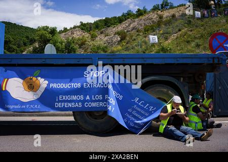 La Jonquera, Espagne. 03 juin 2024. Les manifestants déjeunent au milieu de la route pendant la manifestation. Des centaines d’agriculteurs espagnols et français ont bloqué les autoroutes aux principaux postes frontaliers entre les deux pays pour protester contre les réglementations de l’UE sur l’industrie, augmentant la fiscalité et l’importation de produits en provenance de pays étrangers. Crédit : SOPA images Limited/Alamy Live News Banque D'Images