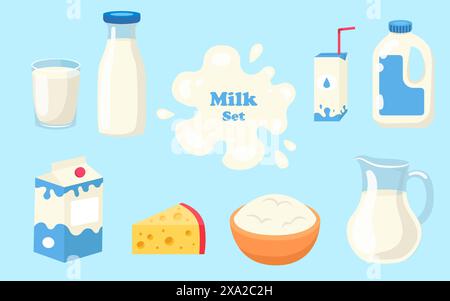 Un ensemble de lait dans différents emballages. Illustration vectorielle dans un style plat. Illustration de Vecteur