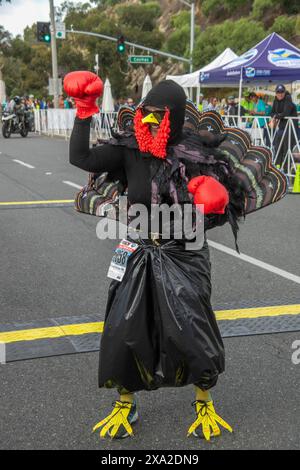 Une dinde portant des gants de boxe « Fighting for ITS Life » participe à un concours de costumes lors d'un événement de Thanksgiving « Turkey Trot » à Dana point, EN CALIFORNIE. Banque D'Images