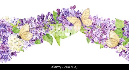 Bordure horizontale sans couture avec lilas violet, blanc et violet. Aquarelle fleurs de printemps dans le style botanique et papillons. Illustration dessinée à la main Banque D'Images