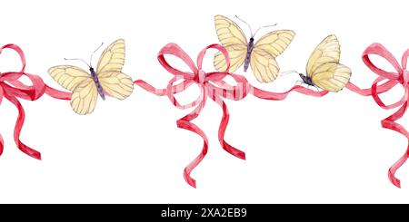 Bordure sans couture de noeuds en satin et de papillons blancs. Motif aquarelle de rubans de soie rose. Décoration pour anniversaires, mariages, Saint-Valentin. Decorati Banque D'Images