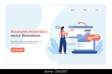 Suivi des opérations de comptes débiteurs. Woman examine le tableau de bord numérique avec des graphiques, des factures et des notifications de dette. Gestion des réclamations financières. Illustration vectorielle plate. Illustration de Vecteur