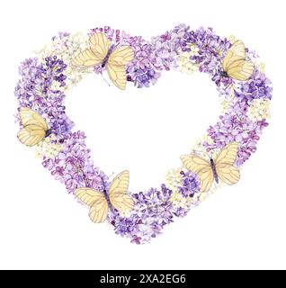 Couronne romantique en forme de coeur en lilas avec des papillons blancs. Cadre avec place pour le texte des fleurs de printemps. Modèle de carte de voeux pour mère Banque D'Images