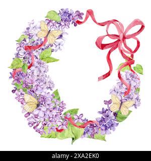 Couronne de lilas entrelacée avec des rubans de satin rose. Cadre aquarelle de fleurs de printemps avec des papillons blancs et un noeud en soie rose. Invitation de mariage temp Banque D'Images