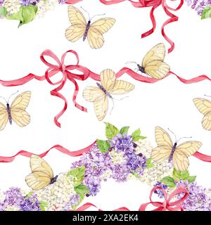 Fond sans couture avec des lilas blancs et violets enveloppés dans des rubans de soie rose. Fleurs de printemps aquarelle dans le style botanique. Dessin à la main pour l'impression Banque D'Images
