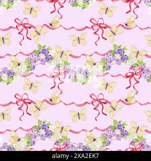Fond sans couture avec des lilas blancs et violets enveloppés dans des rubans de soie rose. Fleurs de printemps aquarelle dans le style botanique. Dessin à la main pour l'impression Banque D'Images