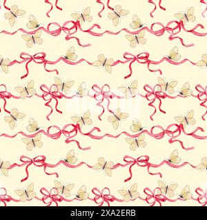 Modèle sans couture de noeuds en satin et de papillons blancs. Fond d'aquarelle de rubans de soie rose. Décoration pour anniversaires, mariages, Saint-Valentin. Déco Banque D'Images
