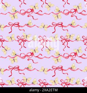 Modèle sans couture de noeuds en satin et de papillons blancs. Fond d'aquarelle de rubans de soie rose. Décoration pour anniversaires, mariages, Saint-Valentin. Déco Banque D'Images