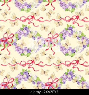 Fond sans couture avec des lilas blancs et violets enveloppés dans des rubans de soie rose. Fleurs de printemps aquarelle dans le style botanique. Dessin à la main pour l'impression Banque D'Images