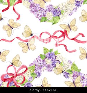 Fond sans couture avec des lilas blancs et violets enveloppés dans des rubans de soie rose. Fleurs de printemps aquarelle dans le style botanique. Dessin à la main pour l'impression Banque D'Images