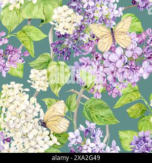 Fond d'aquarelle avec des lilas et des papillons. Fond sans couture de fleurs de printemps. Illustration botanique dessinée à la main pour tissu, textile, wallp Banque D'Images