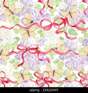 Fond sans couture avec des lilas blancs et violets enveloppés dans des rubans de soie rose. Fleurs de printemps aquarelle dans le style botanique. Dessin à la main pour l'impression Banque D'Images