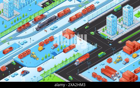 Centre de distribution de fret et d'expédition avec conteneurs et camions, voitures et chemin de fer avec train. Illustration vectorielle isométrique de la logistique globale et du processus de la chaîne de livraison. Grande entreprise de distribution. Illustration de Vecteur