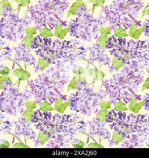 Fond d'aquarelle avec lilas. Motif sans couture de fleurs de printemps. Illustration botanique dessinée à la main pour tissu, textile, papier peint, papier d'emballage Banque D'Images