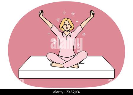 La femme est assise sur un matelas souple et des yawns se préparer pour un concept de mobilier de sommeil sain. Une fille en pyjama se réveille de bonne humeur avec un matelas orthopédique pour un sommeil confortable Illustration de Vecteur