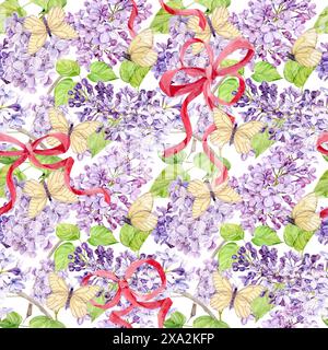Fond sans couture avec des lilas blancs et violets enveloppés dans des rubans de soie rose. Fleurs de printemps aquarelle dans le style botanique. Dessin à la main pour l'impression Banque D'Images