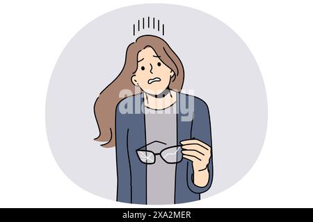 Femme avec des lunettes cassées dans les mains rend le visage confus ne sachant pas comment résoudre le problème de vision. Une fille imprudente tient des verres avec du verre fissuré et doit aller à optométriste ou acheter des lentilles de contact Illustration de Vecteur