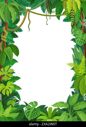 Cadre de liane de forêt tropicale africaine avec des feuilles de plantes de la jungle. Fond de vecteur avec feuillage de forêt tropicale, herbe verte, vignes, branches d'arbres. Modèle de bordure verticale Paradise avec des fourrés tropicaux luxuriants Illustration de Vecteur