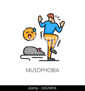 Anxiété de musophobie, santé mentale humaine, phobie psychologie problème ligne icône de couleur. Peur des souris et des rats Line vecteur signe. Trouble mental ou icône de contour de phobie ou pictogramme avec l'homme effrayé de la souris Illustration de Vecteur