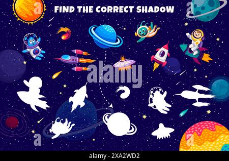 Jeu d'enfants, trouver l'ombre correcte des objets spatiaux de galaxie. Silhouette Trouvez un jeu d'enfant, un puzzle vectoriel de match d'ombre ou une feuille de travail d'énigme avec personnage de dessin animé d'astronaute extraterrestre et d'enfant, fusée et planète Illustration de Vecteur