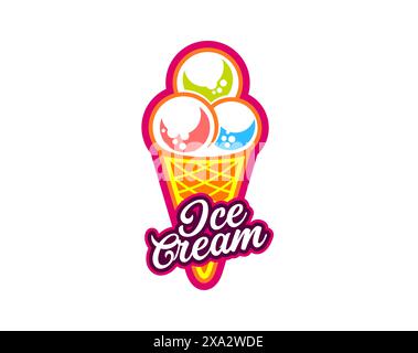 Dessert gelato, crème glacée scoop dans l'icône de cône de gaufre pour gelateria, emblème de vecteur. Trois boules de crème glacée en forme de boule de sundae dans un cône de gaufrette avec des lettres de texte signe pour le menu de gelato italien ou de crème glacée de café Illustration de Vecteur