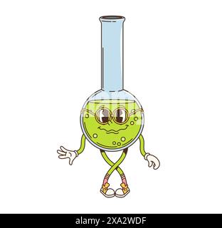 Caractère rétro groovy flacon chimique, verrerie de science amusante. Bécher en verre de laboratoire de vecteur de bande dessinée isolé rempli d'une substance verte pétillante, porte des lunettes et des baskets, prêt pour une éducation ludique Illustration de Vecteur