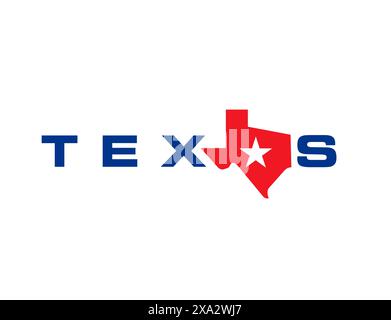 Symbole de l'état du Texas avec carte et silhouette de vecteur d'étoile. Pays USA L'icône isolée de l'état de l'étoile solitaire. Badge cartographique du Texas bleu, rouge et blanc pour l'impression de t-shirt, l'emblème universitaire ou l'enseigne de la région américaine Illustration de Vecteur