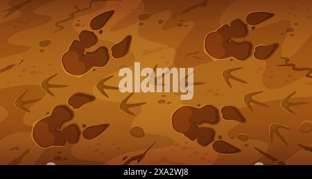 Empreintes fossiles de dinosaures préhistoriques. Fond vectoriel de dessin animé avec des empreintes de pattes d'animaux de reptiles dino antiques, impression de traînée sur le sol. Jurassique époque archéologique et paléontologique découvertes ou fossiles Illustration de Vecteur