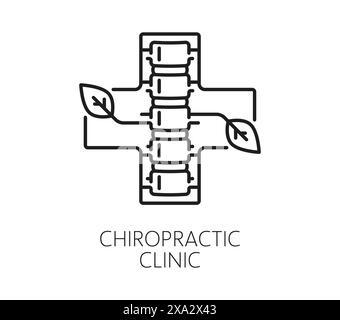 Icône de ligne de clinique de médecine chiropratique pour la thérapie chiropraticienne, l'os de la colonne vertébrale et l'emblème de vecteur croisé. Traitement médical chiropratique, physiothérapie orthopédique du corps, signe clinique de massage d'ajustement du dos Illustration de Vecteur