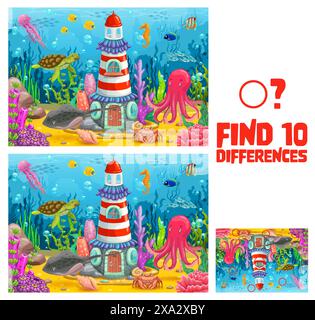 Trouvez dix différences sur le paysage de phare abandonné sous-marin. Puzzle vectoriel, jeu d'aventure avec balise immergée vibrante au milieu de la vie marine colorée aquatique animée, des coraux, des créatures océaniques énigmatiques Illustration de Vecteur