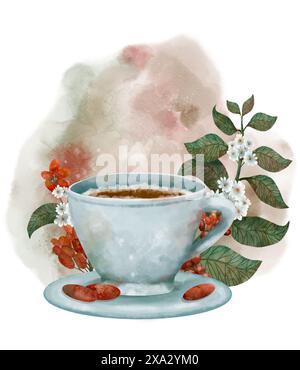 Illustration d'une tasse de café avec des fleurs et des grains de café, des œuvres d'art sereines et apaisantes sur le thème de la nature. Objet isolé sur fond blanc pour la conception d'un livret, flyer, e-pack, étiquette ou publicité. Art numérique dans le style aquarelle. Banque D'Images