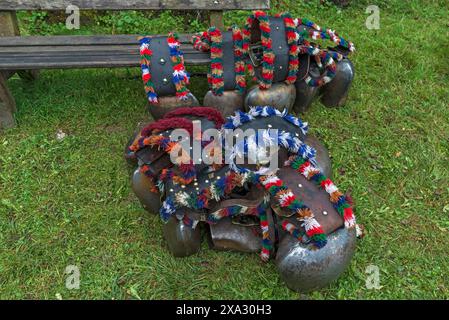 Cloches de bijoux de vache, assemblées pour l'Almabtrieb, maison à pignons, Bad Hindelang, Allgaeu, Bavière, Allemagne Banque D'Images