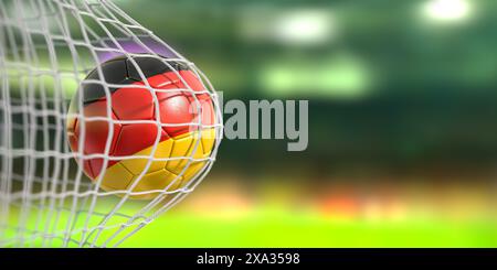 Football ou ballon de football avec drapeaux de l'Allemagne dans le filet de but du stade de football. Championnat allemand ou européen de football. illustration 3d. Banque D'Images