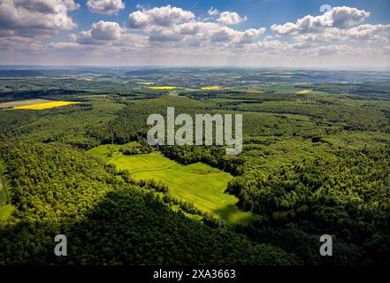 Photographie aérienne, réserve naturelle de Hinnenburger Forst avec vallée d'Emder Bachtal, prairie et maison d'habitation d'Emde, Erwitzen, Nieheim, Westphalie orientale, No Banque D'Images