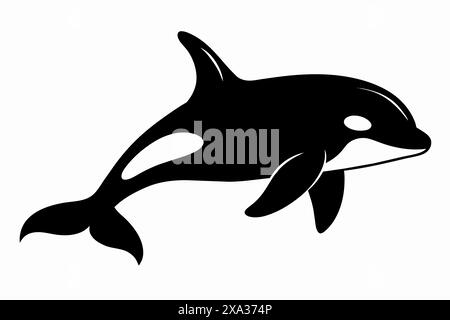 Silhouette noire d'un orque isolé sur fond blanc. Concept d'animaux marins sauvages, style minimaliste, mammifère aquatique. Imprimer, icône, logo, Illustration de Vecteur