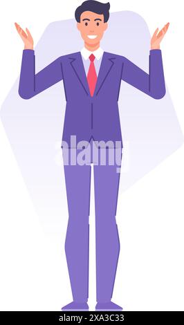 Puzzlement homme d'affaires à la mode effectuant un geste dont ne sait pas avec l'illustration plate vectorielle levant les mains. Doute homme d'affaires pas sûr résoudre le problème ou Illustration de Vecteur