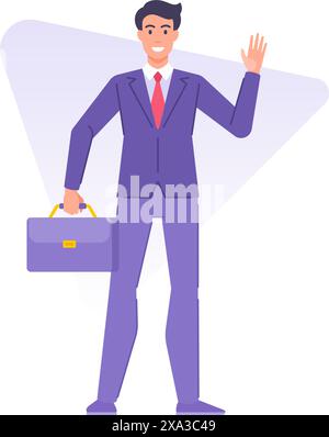 Joyeux homme d'affaires élégant tenant mallette avec des documents de voeux main vecteur illustration plate. Homme souriant en costume cravate agitant un geste de bienvenue Illustration de Vecteur