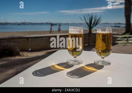 Deux verres de bière, lager, sur une table en plein air, un jour ensoleillé d'été, projetant une ombre sur la table. Banque D'Images