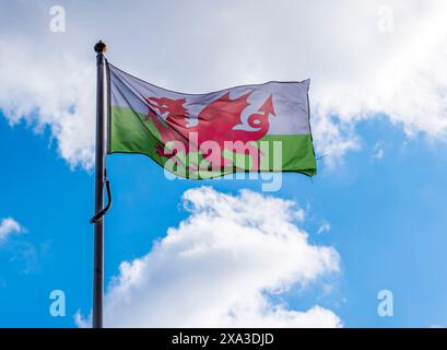 Drapeau gallois volant dans le vent, contre un ciel bleu d'été Banque D'Images