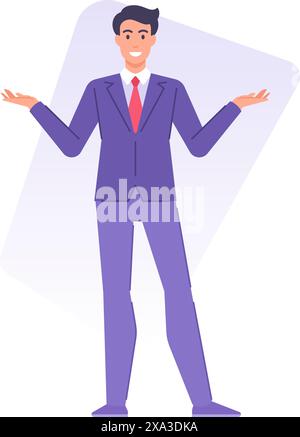 Homme d'affaires souriant posant avec les mains levantes faisant le choix présentant l'illustration plate de vecteur de geste. Heureux homme d'affaires à la mode dans le costume de cravate adverti Illustration de Vecteur