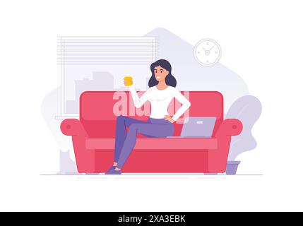Personnage féminin de dessin animé avec café sur l'illustration vectorielle de style plat de canapé. Femme joyeuse se reposant sur le canapé avec ordinateur portable près d'avoir tasse de boisson chaude Illustration de Vecteur