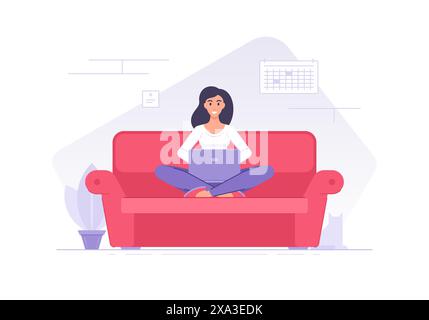 Personnage de femme plate joyeuse avec ordinateur portable sur l'illustration vectorielle de canapé. Dessin animé femme heureuse travaillant à distance sur ordinateur portable tout en étant assis avec les jambes croisées Illustration de Vecteur