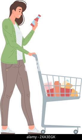 Femme choisissant des produits au supermarché d'épicerie allant avec l'illustration plate vectorielle de chariot. Femme avec panier d'achat de nourriture à l'épicerie iso Illustration de Vecteur
