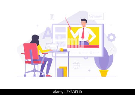 Personnages de dessins animés féminins ayant une classe en ligne avec illustration plate vectorielle masculine de professeur. Femme travaillant sur ordinateur portable regardant tutoriel d'éducation sur inter Illustration de Vecteur