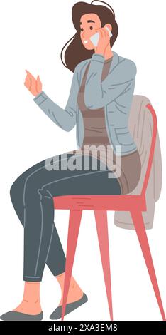Décontracté jeune femme parlant smartphone gesticulate expliquant le vecteur de communication illustration plate. Femme appelant téléphone assis sur la chaise gesticu Illustration de Vecteur