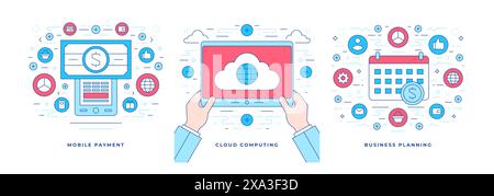 Ensemble de bannières de ligne plate d'illustrations vectorielles avec des icônes graphiques colorées pour diverses solutions numériques et une utilisation commerciale réussie. Desi. De style linéaire Illustration de Vecteur