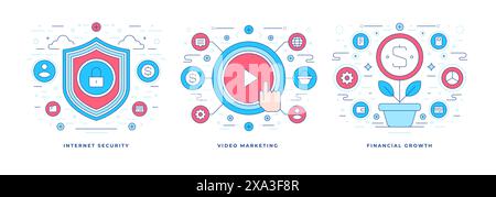 Ensemble d'illustrations vectorielles de bannières linéaires plates avec des icônes conçues pour la commercialisation de divers services contemporains dans les médias sociaux. Desig. De style linéaire Illustration de Vecteur